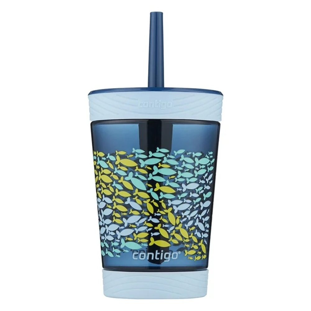 Contigo Kids Blue and Green Straw Tumbler with Ocean Fish Pattern